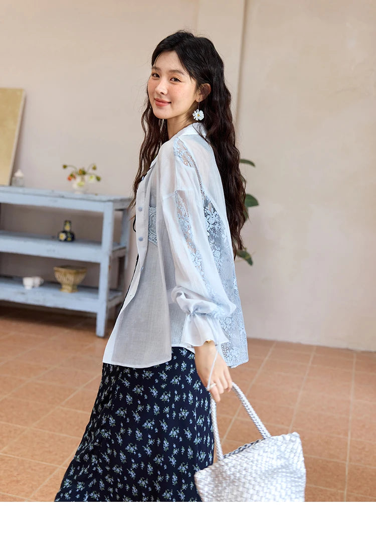 MISHOW Blend Patchwork Lace Cool Shirt Female Autumn 2025 Korean Loose Lapel Drop Sleeve Shirts Drawstring Cuffs Top MXE31C0789