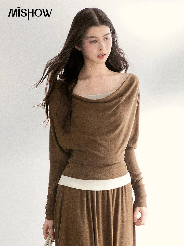 MISHOW Women's Draped Neck Tops with Camisole Two Piece Set 2026 Spring Long Sleeve Slim Casual Soft Brown Tops MXF11T1458