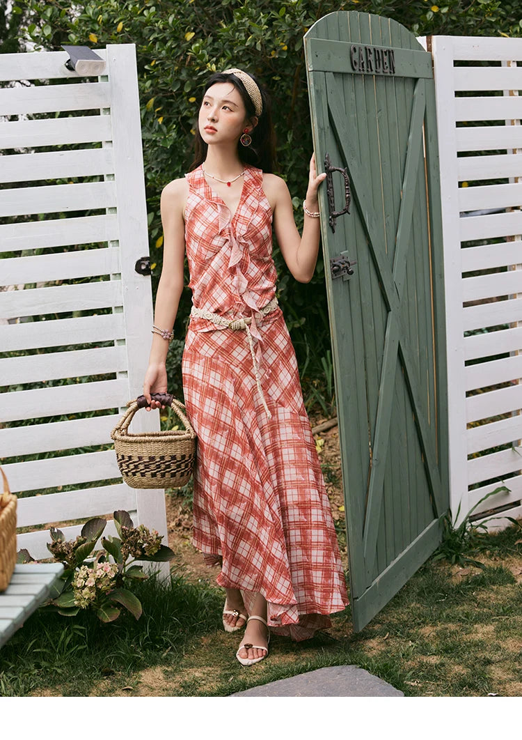 MISHOW French Retro Red Grid Hanging Neck Blouse for Women Summer 2025 Ruffled Edges Backless Blouses Vacation Top MXE34X1785