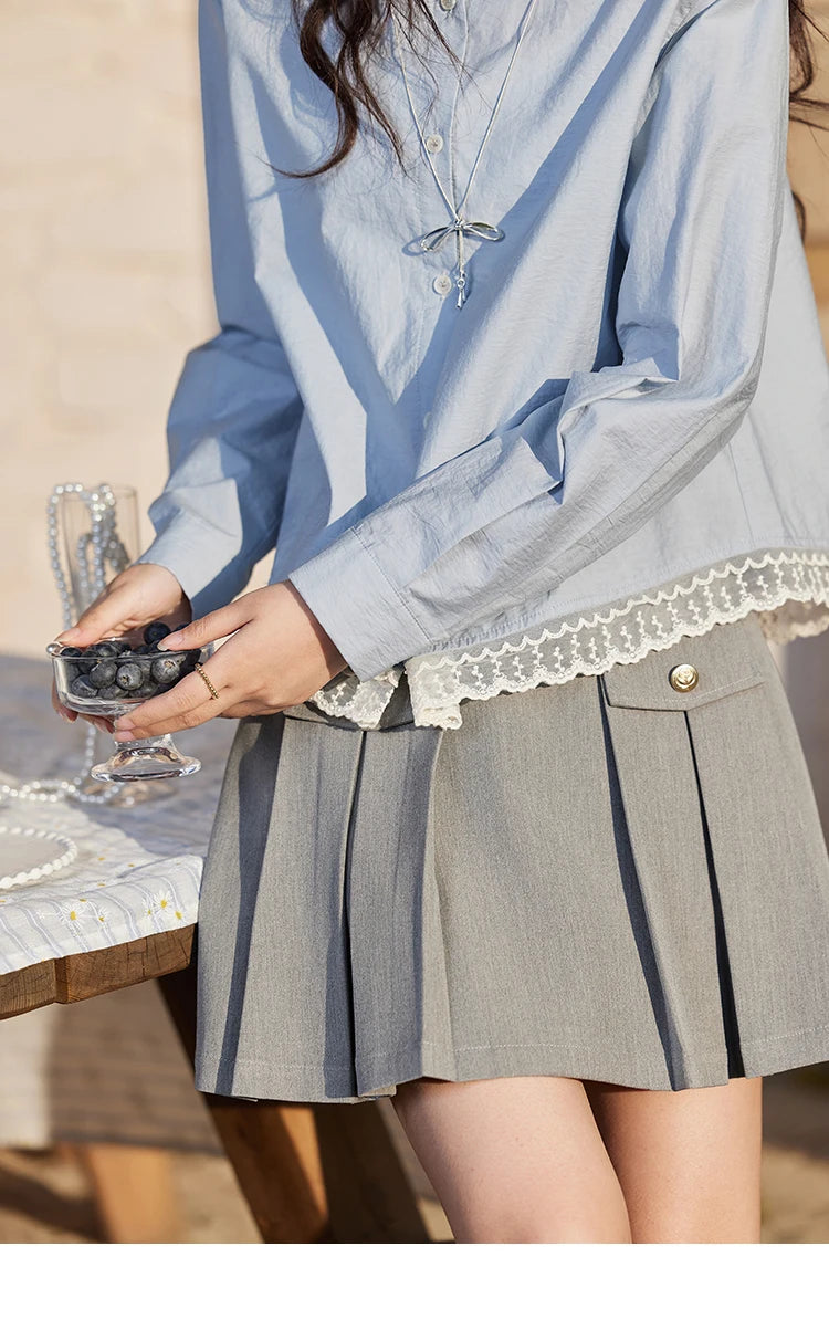 MISHOW Women's 100 Cotton Blue Shirt Spring 2025 Hem Lace Shirt Lapel Collar Commute Top Casual Solid Loose Shirts MXE12C0410