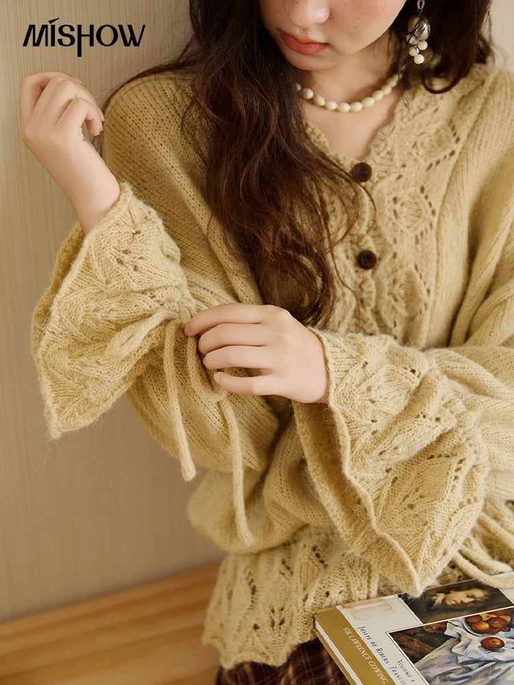 MISHOW Handmade Crochet Sweater Cardigan Autumn Mohair Flare Sleeve Knitted Tops Wave V-neck Lace-up Waist Sweater MXE47Z2513