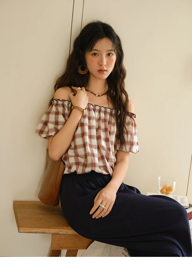 MISHOW Two Piece Set for Women Retro Red Grid Puff Sleeve Top+Casual Elastic Waist Wide Leg Pants Set 2025 Summer New MXE37T0649