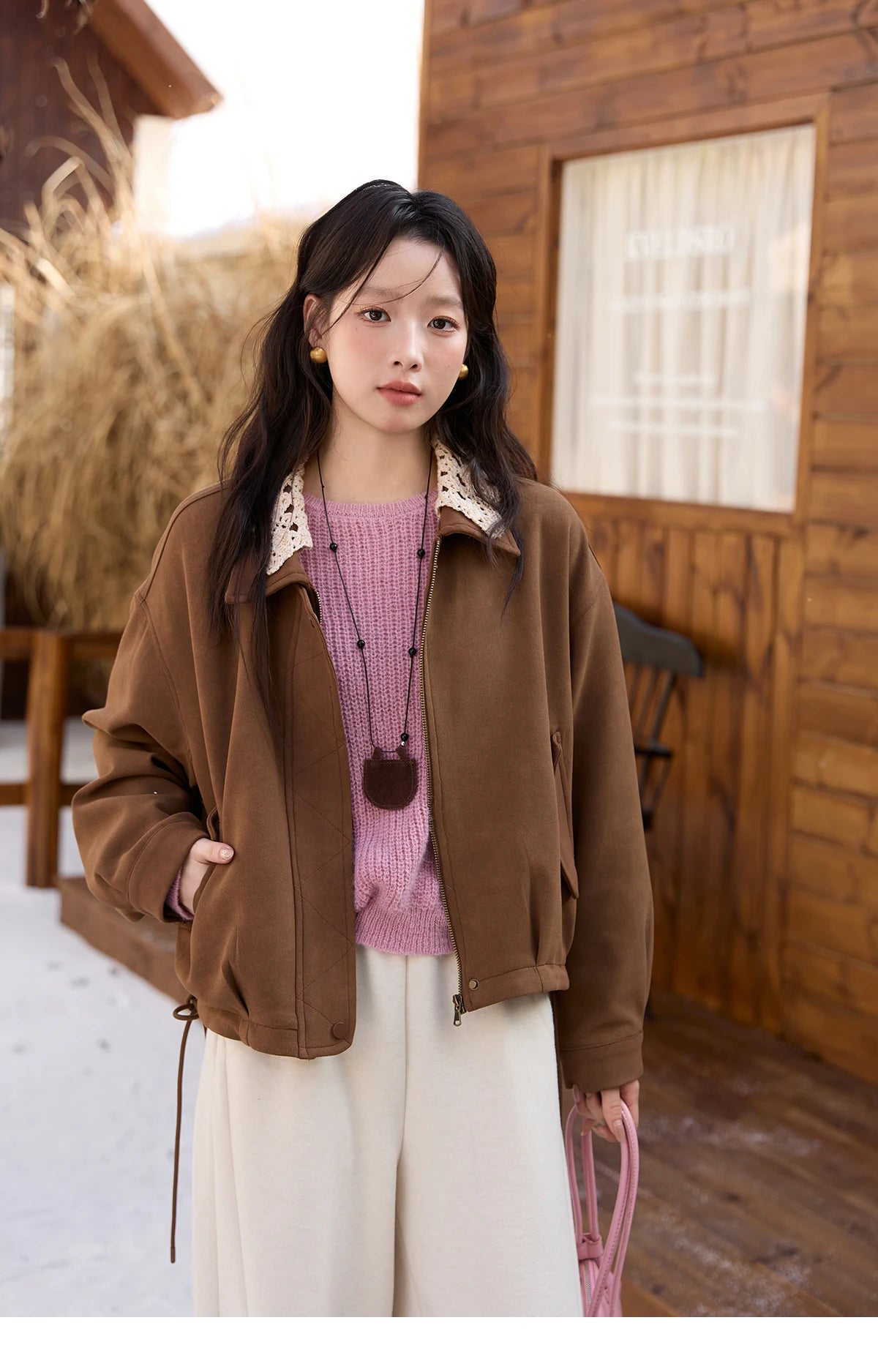 MISHOW Brown Jacket for Women 2025 Autumn Winter Retro Detachable Lace Collar Drawstring Hem Jacket  Women's Clothing MXE45W0846