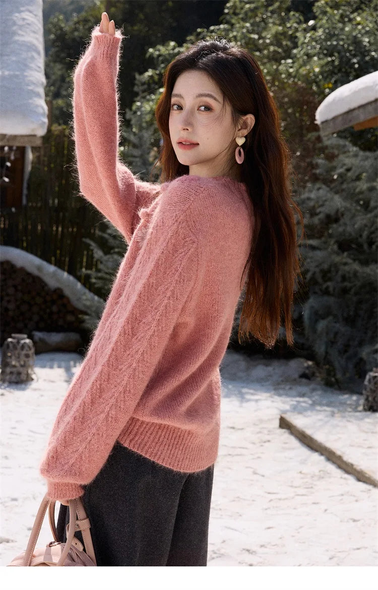 MISHOW Women's Raspberry Pink Wool Blend Sweater 2025 Winter French Floral Pom-Pom Embroidered V-Neck Knitted Top MXE86Z2740
