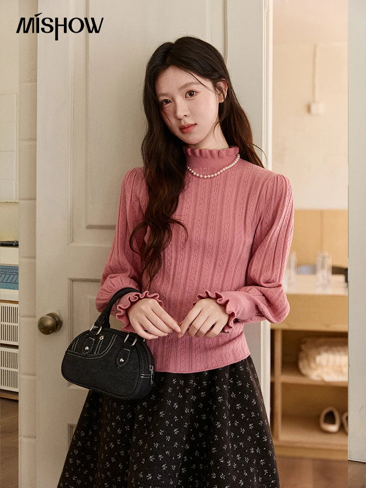 MISHOW Women's Half Turtleneck Ruffle Trim Lantern Sleeve Bottoming Tops 2025 Winter Vertical Rib Slim Knitted Top MXE93Z2810