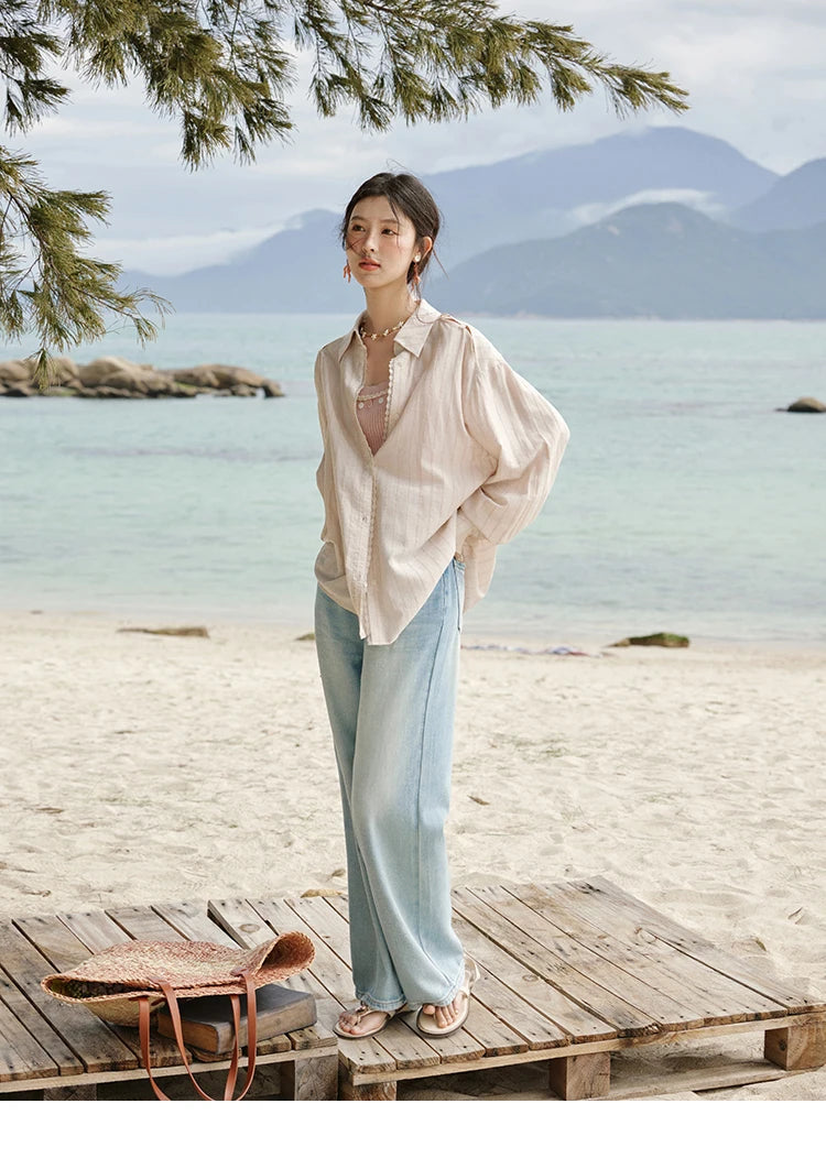 MISHOW Office Lady Summer Blouses Women 2025 New Striped Long Sleeve Turn-down Collar Shirt Female Fashion Loose Tops MXE33C0772