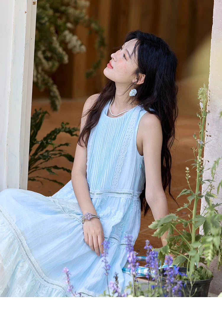 MISHOW Summer Embroidery Dress for Woman 2025 New O-Neck Sleeveless High Waist Hollow Out Lace Splicing Long Dress MXE35L2229