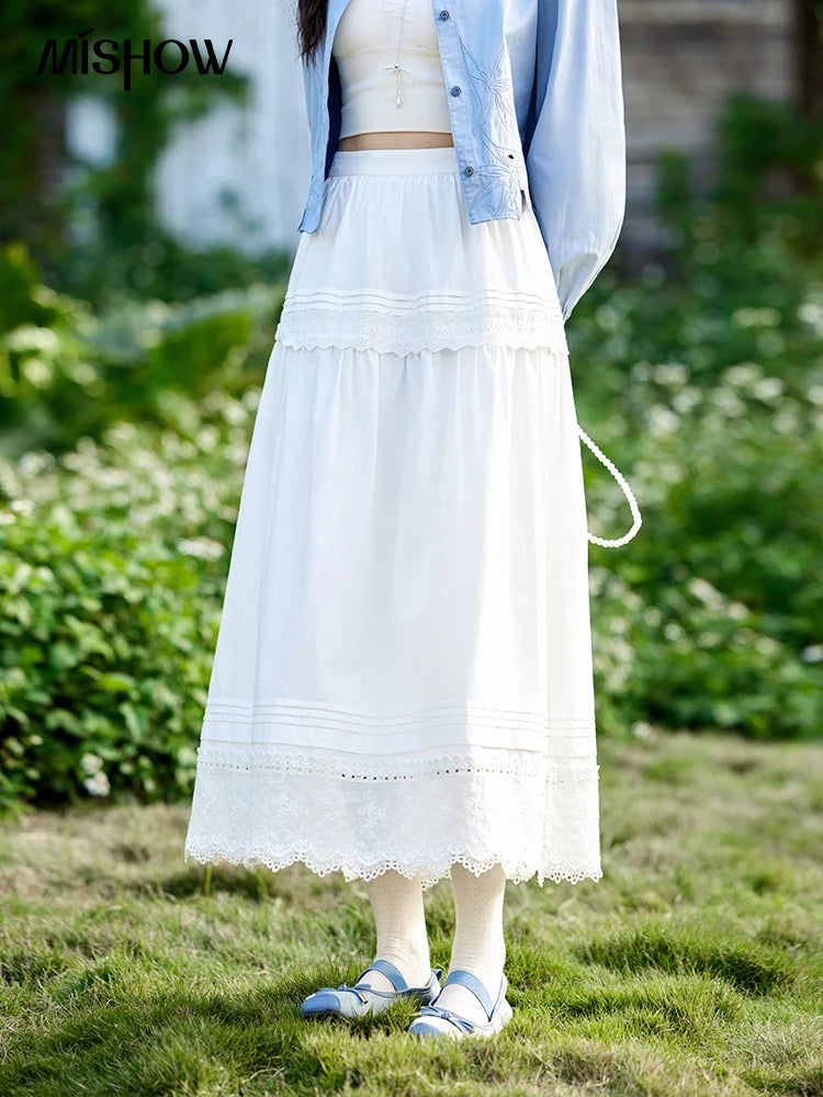 MISHOW French Retro Hollow Lace Skirt for Women Spring 2025 Elegnat 100 Cotton A-line Skirt High Waist Sweet Skirts MXE12B0643