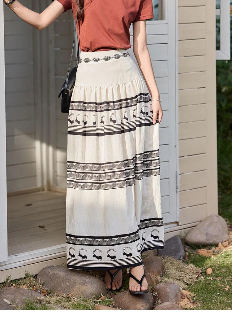 MISHOW Women's Bohemian Print Half Skirt 2025 Summer New Office Lady Fashion High Waist A-line Large Swing Skirt MXE36B0755