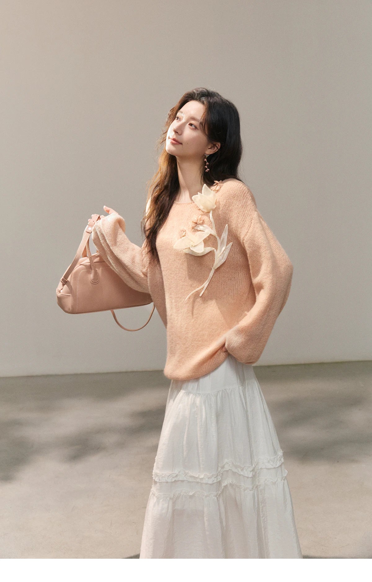 MISHOW 3D Floral Applique Crew Neck Knit Thin Sweater 2026 Spring Loose Casual Elegant Top Soft Pinkish Beige Sweater MXE47Z2649