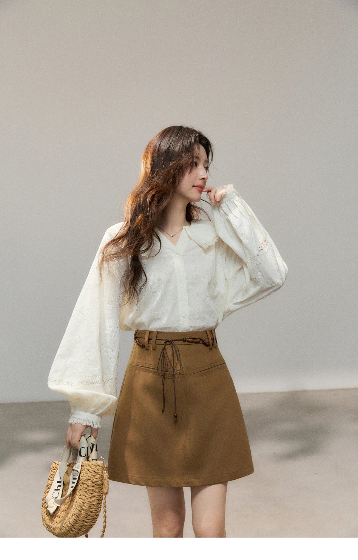 MISHOW Women's Beige Apricot Lace Shirts 2026 Spring Peter Pan Collar Micro Lantern Sleeves Top Casual Elegant Shirt MXF108C0813