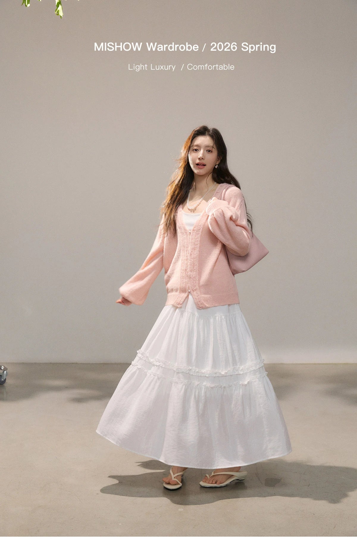 MISHOW Women's Pink Sweet Knit Cardigan 2026 Spring V-Neck Ruffled Trim Pearl Button Cardigans Loose Knitted Sweater MXF108Z1028