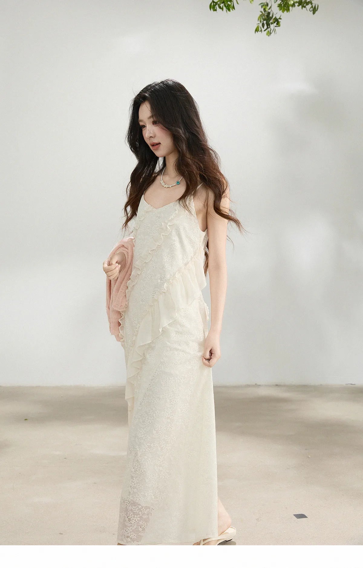 MISHOW Women's Cream Irregular Lace Slip Dress 2026 Spring V-Neck Ruffled Maxi Dresses Casual A-line Romantic Dress MXF108L1005