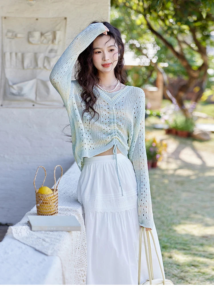 MISHOW Gradient Blue Green Knitted Sweater Women 2025 Autumn Long Sleeve V-neck Drawstring Tops New Fashion Sweaters MXE16Z1171