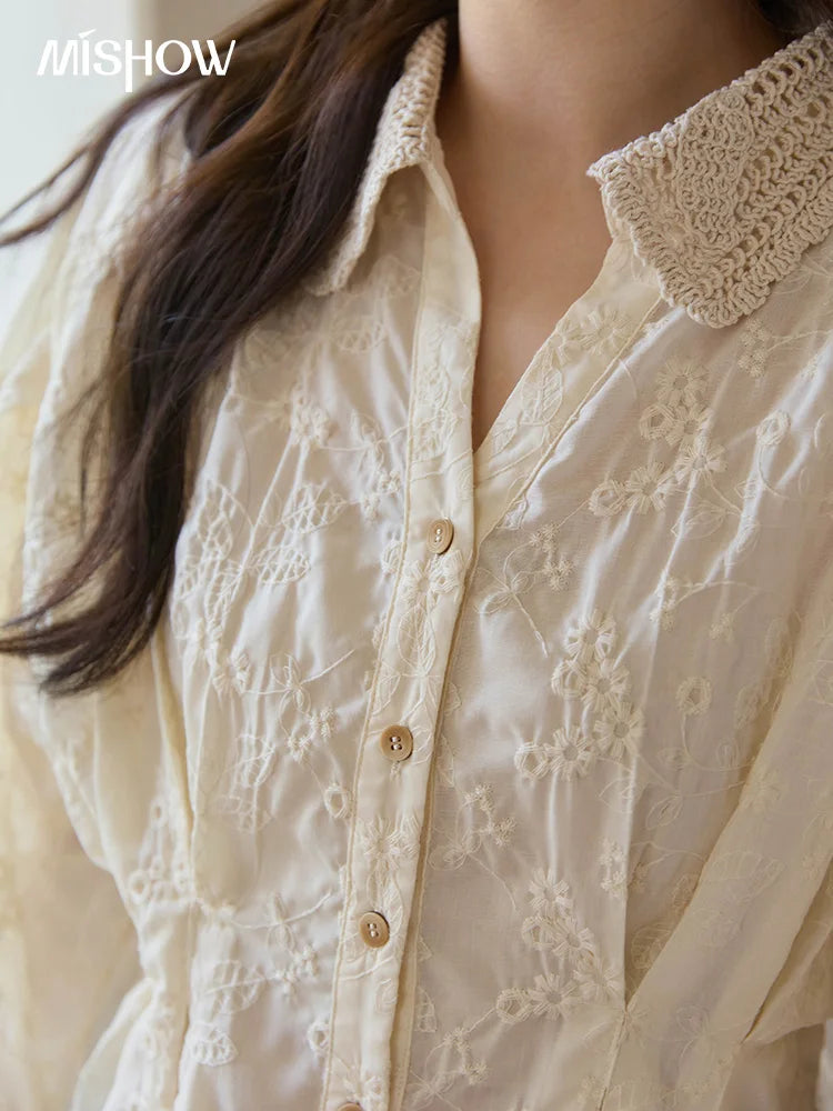 MISHOW Women's Lantern Sleeve Blouse 2025 Autumn French Lace Hollow Out Lapel Collar Shirts Waist Hem Ruffle Tops MXE42C2372