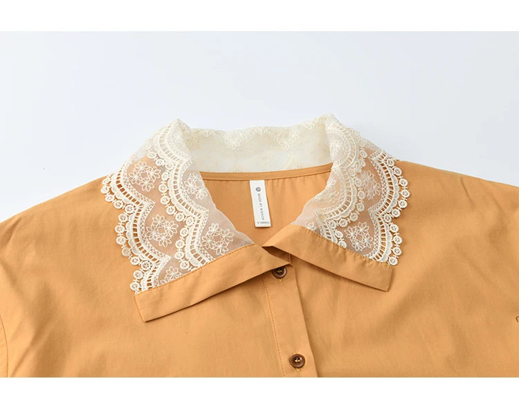 MISHOW Autumn Solid Cotton Shirt Autumn V-neck Double-layer Lace Retro Design Shirts Single Breasted Tops Office Lady MXE41C2366