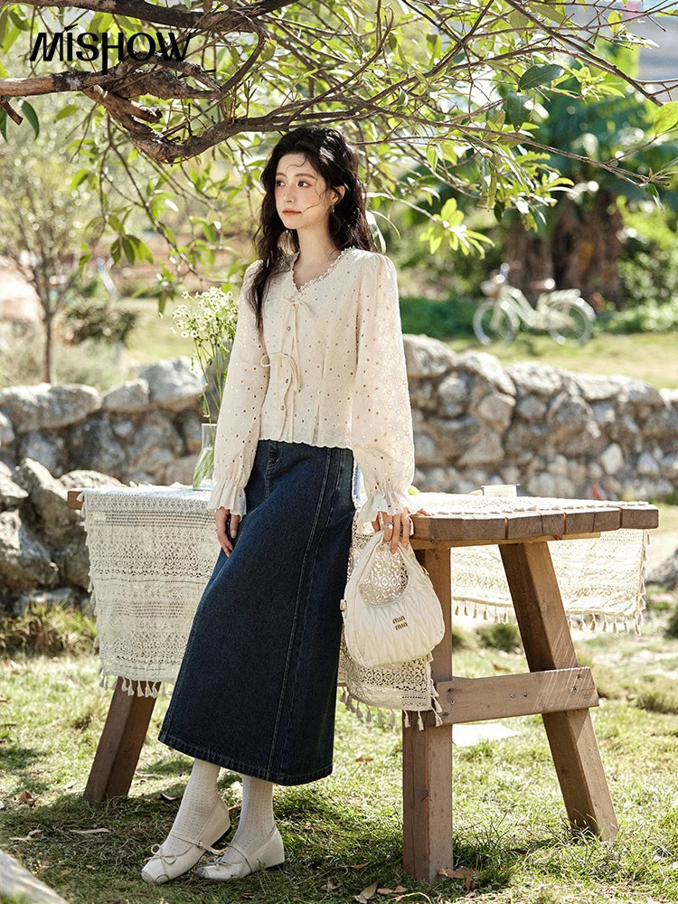 MISHOW Hollow Lace Shirt for Women Spring 2025 French Retro Lace100 Cotton Shirt V Neck Waist Elastic Cuffs Blouses MXE12X1710