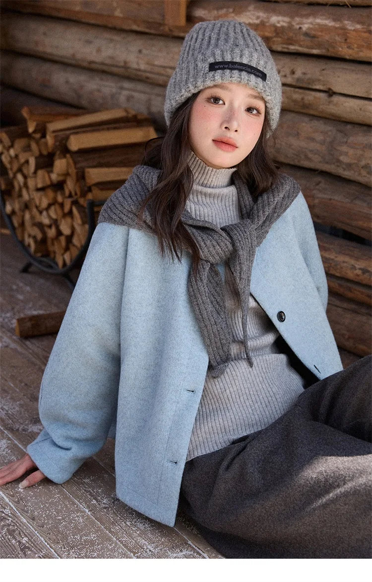 MISHOW Woman Blue Wool Coat with Shawl 2025 Winter Elegant Fashion Crew Neck Single-breasted Short Loose Thick Coat MXE87W0943