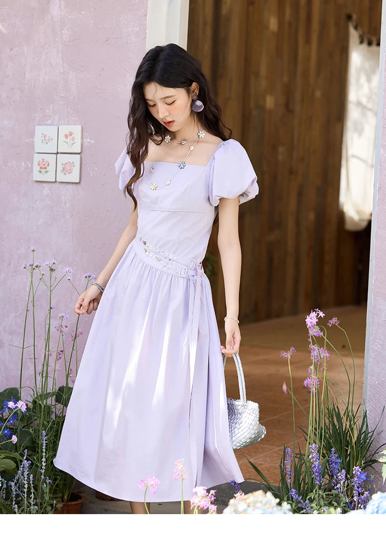 MISHOW French Purple Dresses Women Summer 2025 Solid Short Puff Sleeve Square Neck Slimming Dress Woman New Fashion MXE34L2222