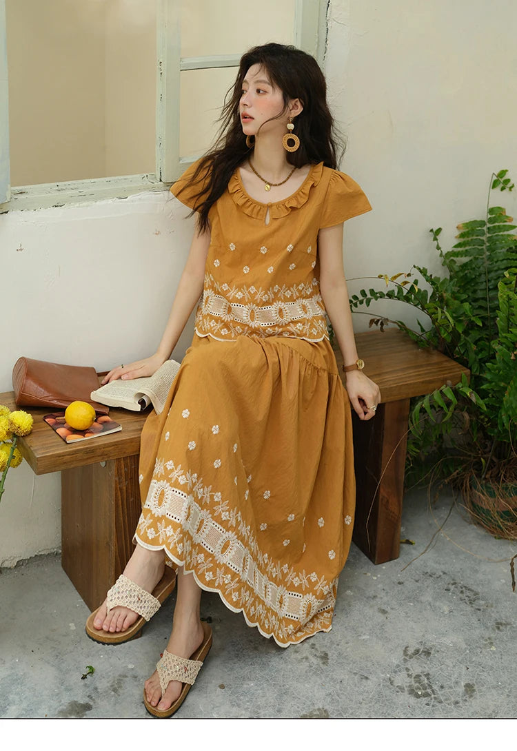 MISHOW Women's Clothing Two Piece Set 2025 French Lace Embroidery Blouse A-line Straight Half Skirt Ladies Summer Set MXE39T0645