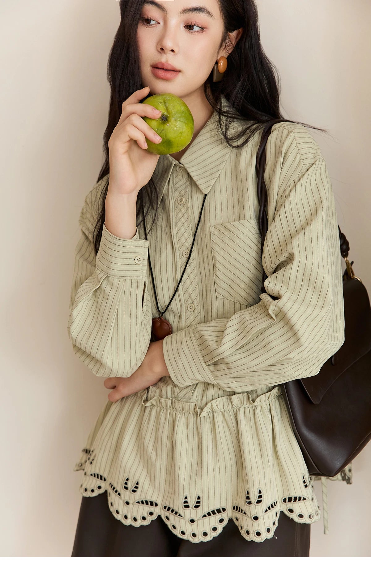 MISHOW Green Striped Shirt for Women 2025 Autumn New Fashion Design Embroidery Loose Casual Tops Commuting Shirt  MXE49C2414