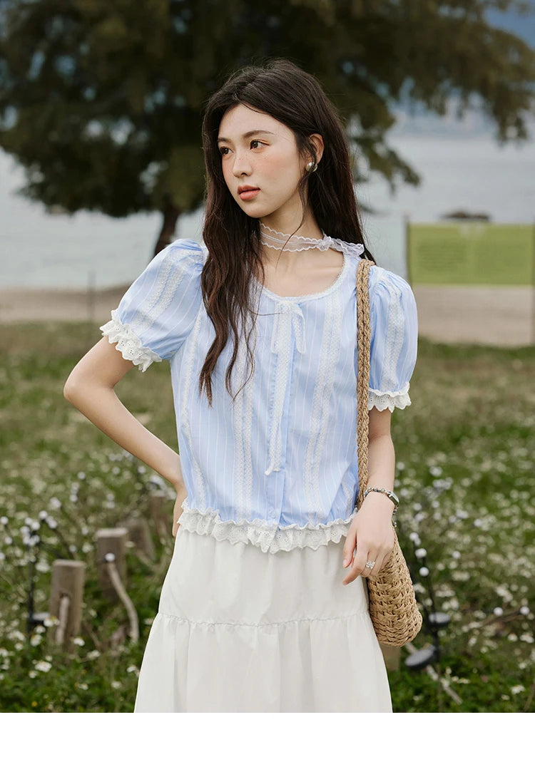 MISHOW French Striped Summer Blouses Women 2025 New Short Puff Sleeve Round Neck Lace Patchwork Shirts Fashion Tops MXE32X1759