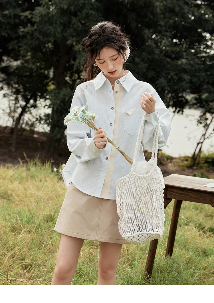 MISHOW Light Blue Striped Shirt for Women Spring 2025 Contrast Color Placket Shirt 100 Cotton Polo Neck Commuting Top MXE15C0762