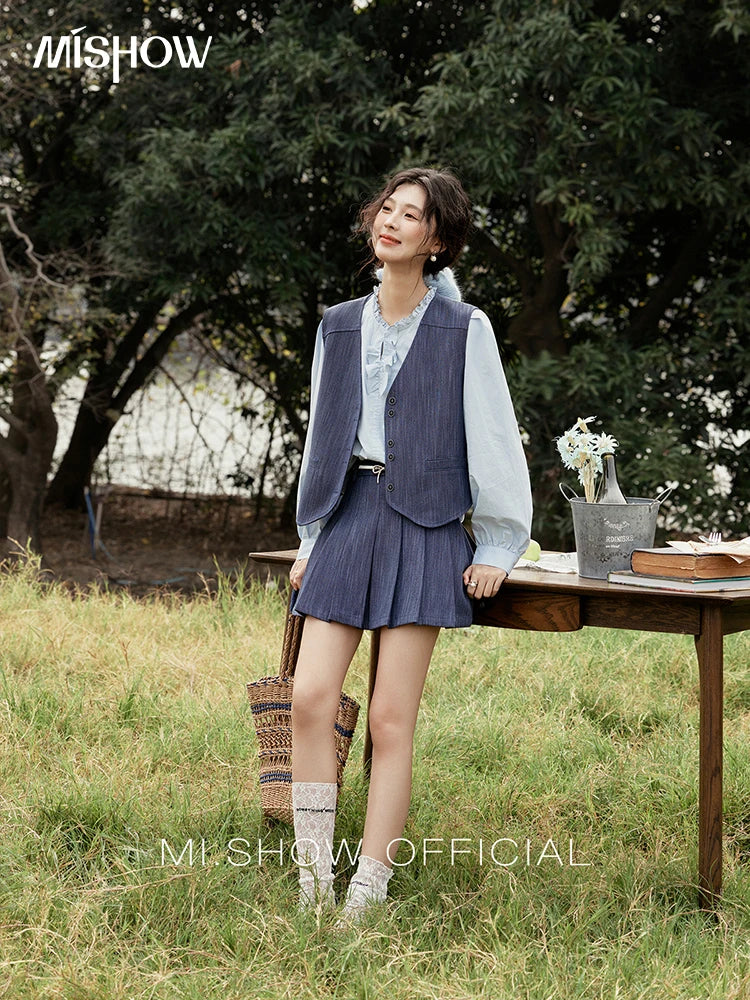 MISHOW Women's V-neck Vest Coat Pleated Skirt Set Spring 2025 Symmetric Fake Pocket Coat A-line Skirts (No with Belt) MXE31T0505