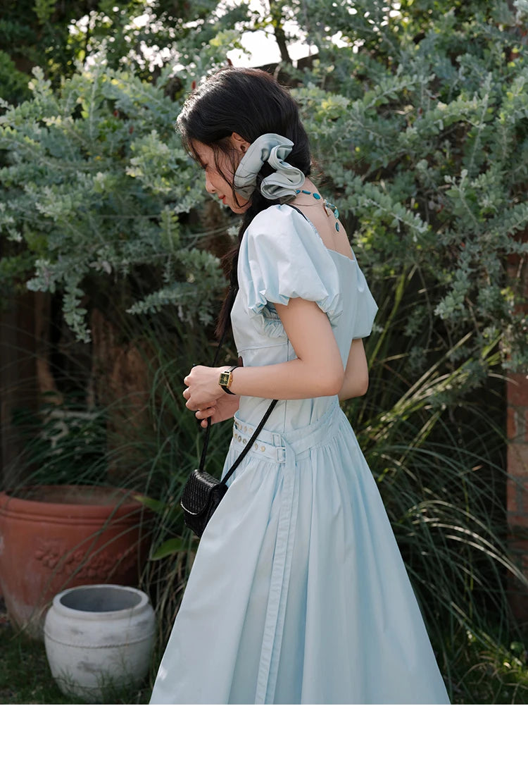 MISHOW Women's Square Neck Short Sleeve Dress 2025 Summer New Fashion Puff Sleeve Double Belt Dresses Ladies Clothing MXE34L2222