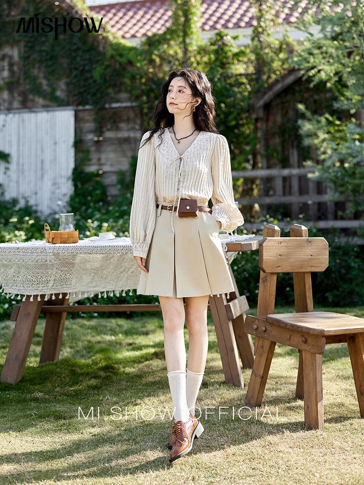 MISHOW French Retro V-neck Lace-up Striped Shirt for Women Spring 2025 Embroidered Lace Long Sleeve Top Casual Shirts MXE12X1715