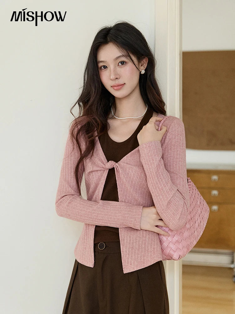 MISHOW Women's Pink Brown Fake Two-Piece Top 2026 Spring Ribbed Knit Knot Front Thin Top U-Neck Long Sleeve Slim Tops MXF11Z2912