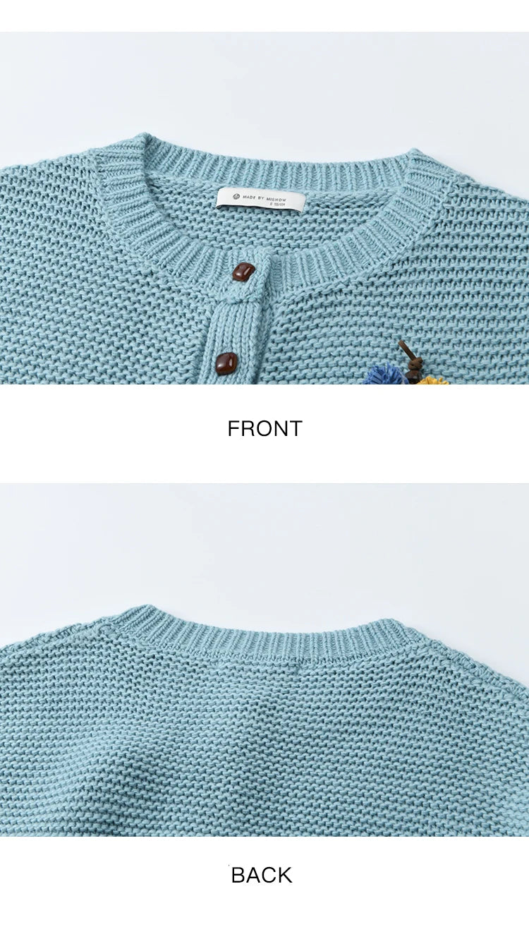 MISHOW Blue Knitted Cardigan 2025 Autumn Winter New Crew Neck Pompom Decorated Sweater Commute Elegant Loose Top MXE51Z2551