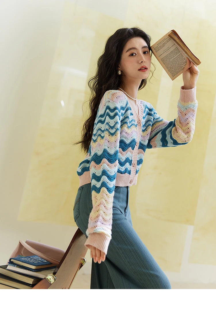 MISHOW Color Stripe Knitted Cardigan Women 2025 Spring V-neck Long Sleeve Loose Cardigans Woman Fashion Office Lady MXE16Z1203