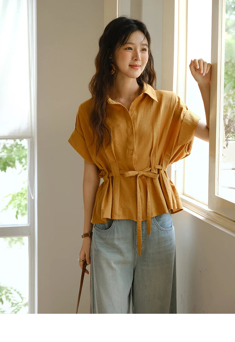 MISHOW Women's Casual Shirt 2025 Summer New Lace Up Button Turn-Down Collar Top Retro Orange Shirt Women's Clothing MXE37C0809