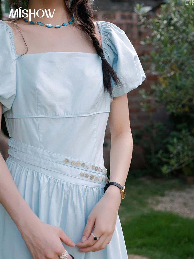 MISHOW Women's Square Neck Short Sleeve Dress 2025 Summer New Fashion Puff Sleeve Double Belt Dresses Ladies Clothing MXE34L2222
