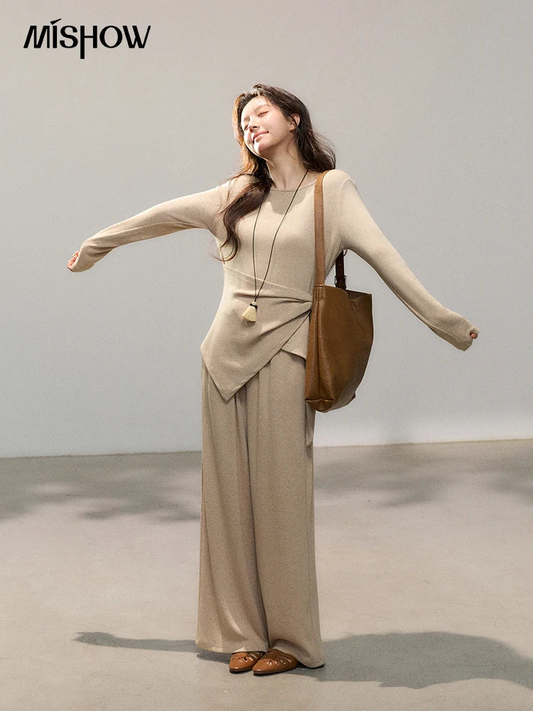 MISHOW Women's Khaki Knitted Two-Piece Set 2026 Spring Asymmetrical Hem Waist-Cinched Top Wide Leg Pants Casual Sets MXF11T1465