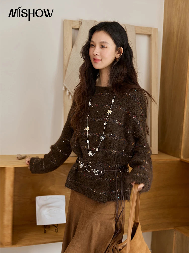 MISHOW Brown Chrysanthemum Yarn Sweaters Women Beltless 2025 Autumn Wool Blend Loose Round Neck Retro Knitted Tops MXE47Z2574
