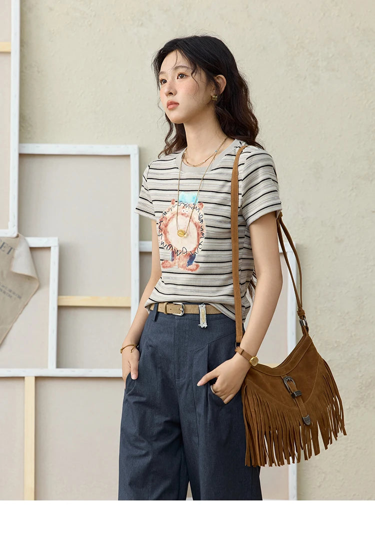 MISHOW Striped Cartoon Pufferfish Printed T-shirt for Women Summer 2025 Slim Shoulders Cotton Tees Short Sleeved Top MXE32T0538