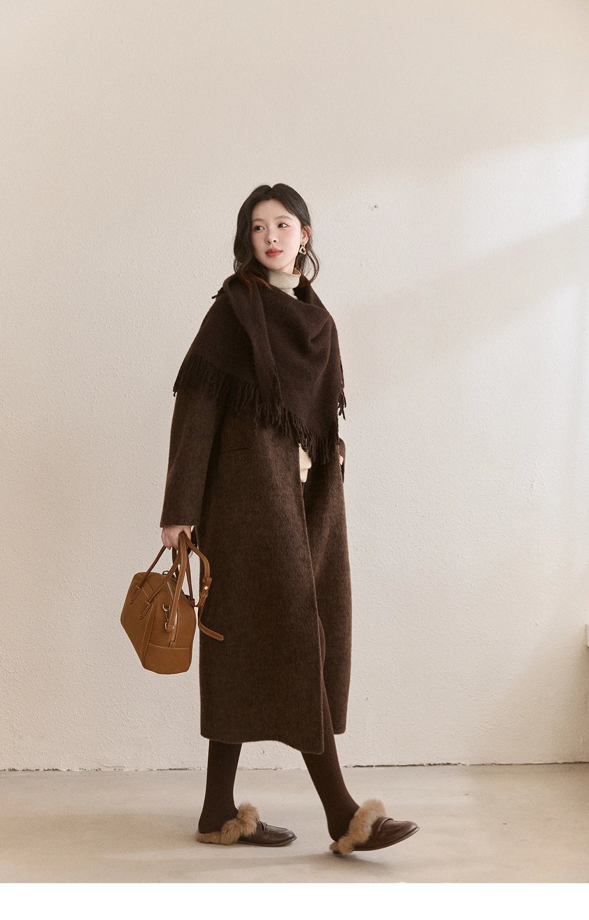 MISHOW Women's Woolen Coat with Scarf Winter Invisible Buckle Design Wool Overcoat Loose Elegant Warm Outerwear MXE93W1030