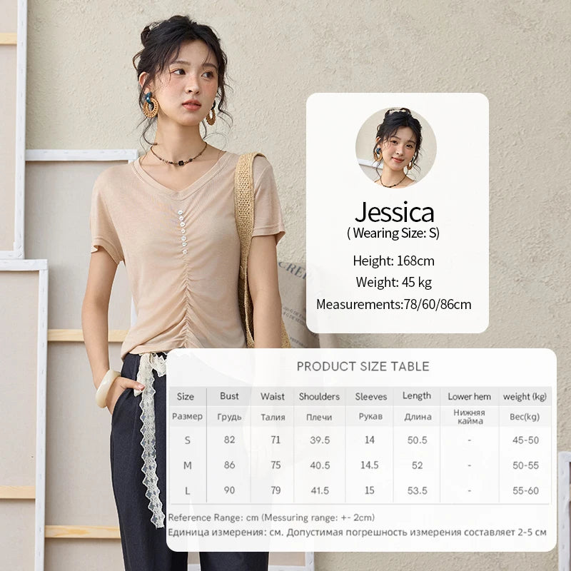 MISHOW V-neck Short Sleeve T-shirt Summer 2025 Mid Front Elastic Fold Single Row Shell Button Tees Casual Slim Tops MXE34T0560