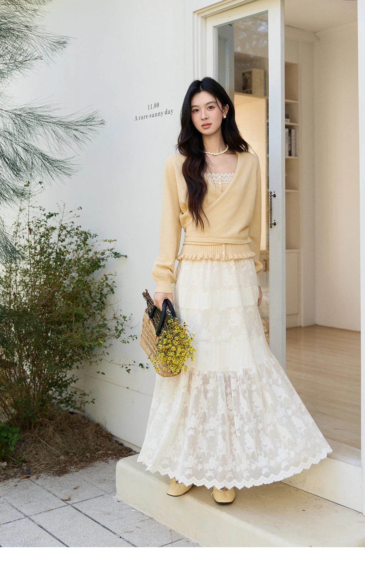 MISHOW Women's Cream Lace Maxi Skirt 2026 Spring Summer Floral Embroidery Tiered Ruffled High Waist Casual Long Skirt MXF11B2462