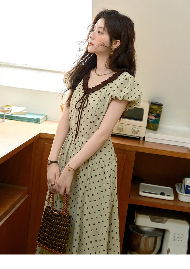 MISHOW Women's Casual Polka Dot Dress 2025 Summer New Ladies Puff Sleeve V-neck Lace Up Ruffle Edge Pocket Dresses MXE39L2326