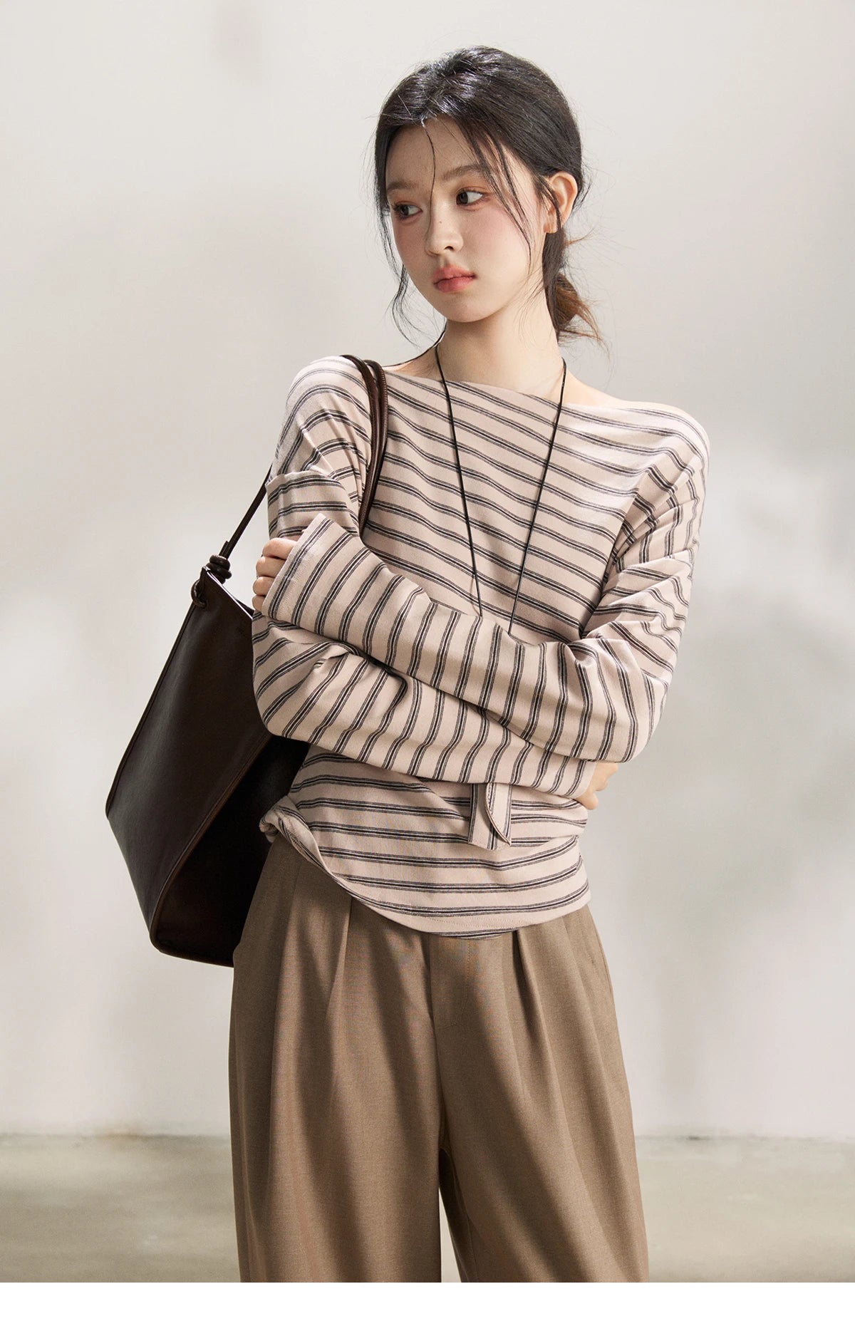 MISHOW Striped Boat Neck Long Sleeve Tops 2026 Spring Ruched Side SlimCasual Soft Breathable T-Shirt with Necklace MXF13T1514