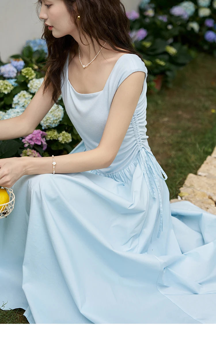 MISHOW Square Neck Patchwork Knitted Long Dress Summer 2024 Minimalist High Waist Side Drawstring Waist Slim Dresses MXD23L1818