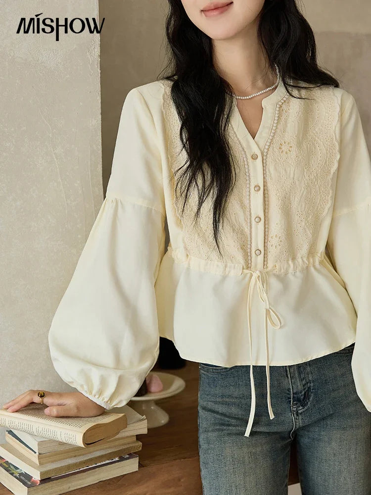 MISHOW Women's French V-neck Blouse Lace Lantern Sleeve Long-sleeved Blouses 2024 Fall Tie Drawstring Waist Slim Tops MXD45X1660