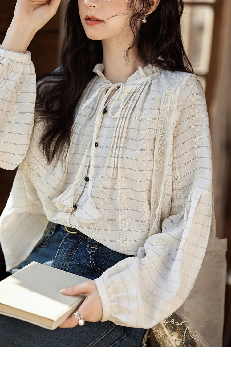 MiSHOW French Striped Blouses Women Spring New 2025 Long Sleeve Lace Collar Shirts Female Fashion Solid Chiffon Tops MXE12C0387
