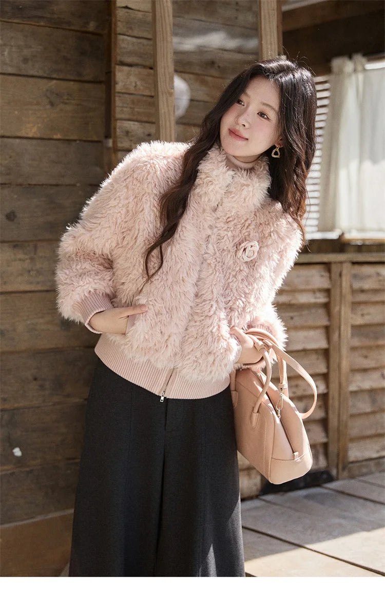 MISHOW Women's Pink Stand Collar Faux Lamb Wool Coat Winter Flower Brooch Warm Outerwear with Pockets Metal Zipper MXE91W0974