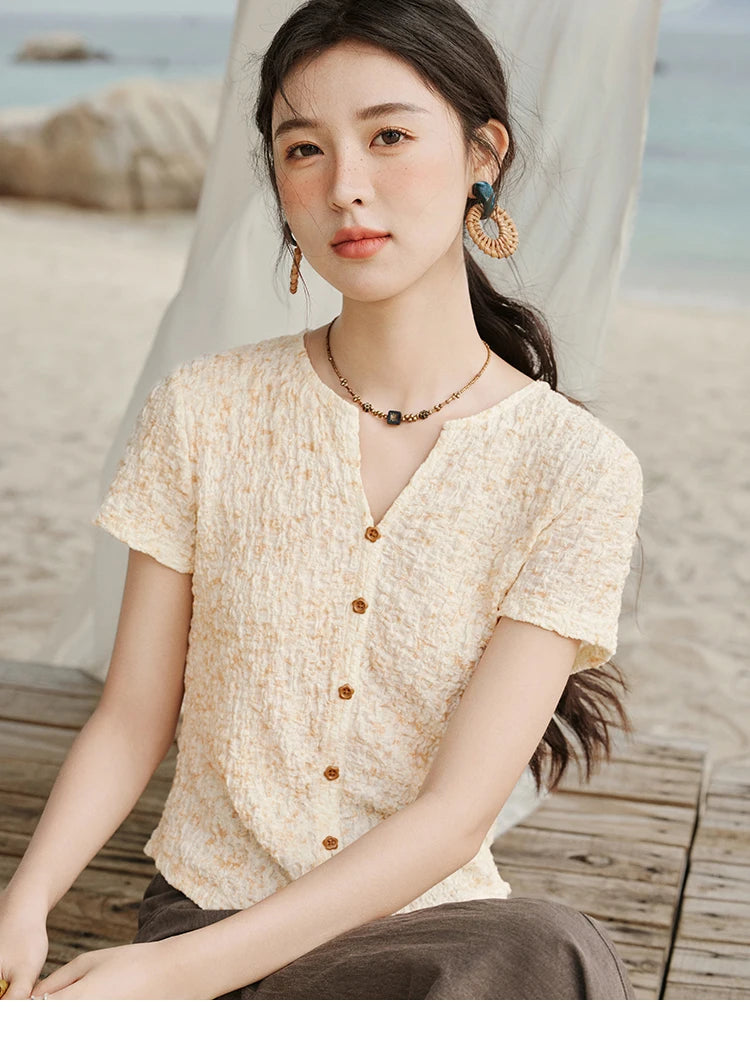 MISHOW Print Casual Summer T-shirts Women 2025 New Short Sleeve V-neck Thin Knitted Shirt Female Fashion Breathable MXE31Z1234