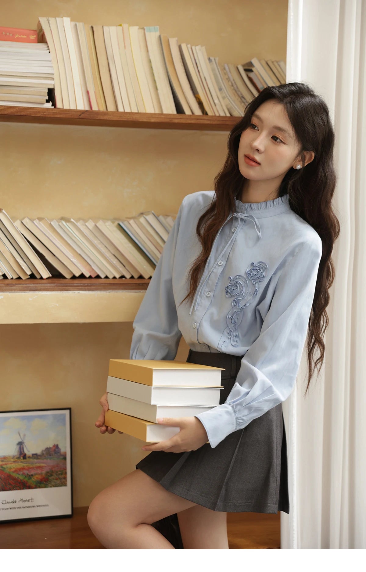 MISHOW Coiled Flowers Embroidered Blue Shirt for Women Autumn 2025 Stand Neck Lace-up Brushed Shirts Office Lady MXE44C2398