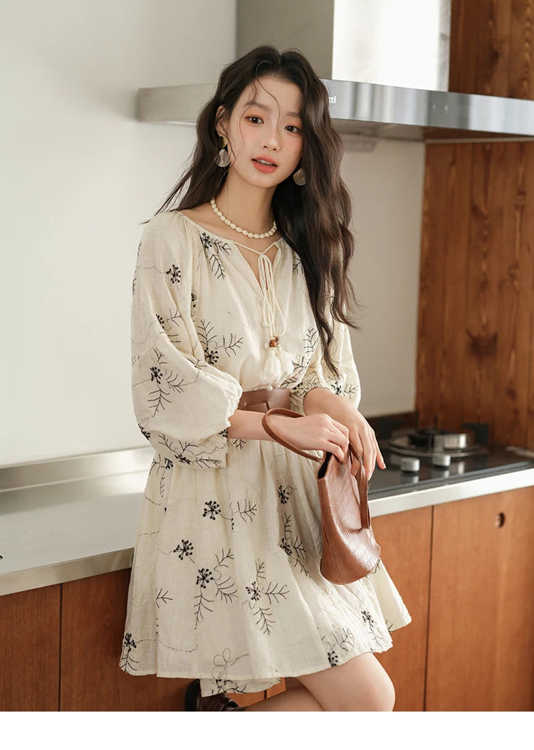 MISHOW Embroidered Doll Dress 2025 Seven Cent Lantern Sleeve Dress O-neck Tassel Lace-up Cotton Dress with Waist Belt MXE41L2480